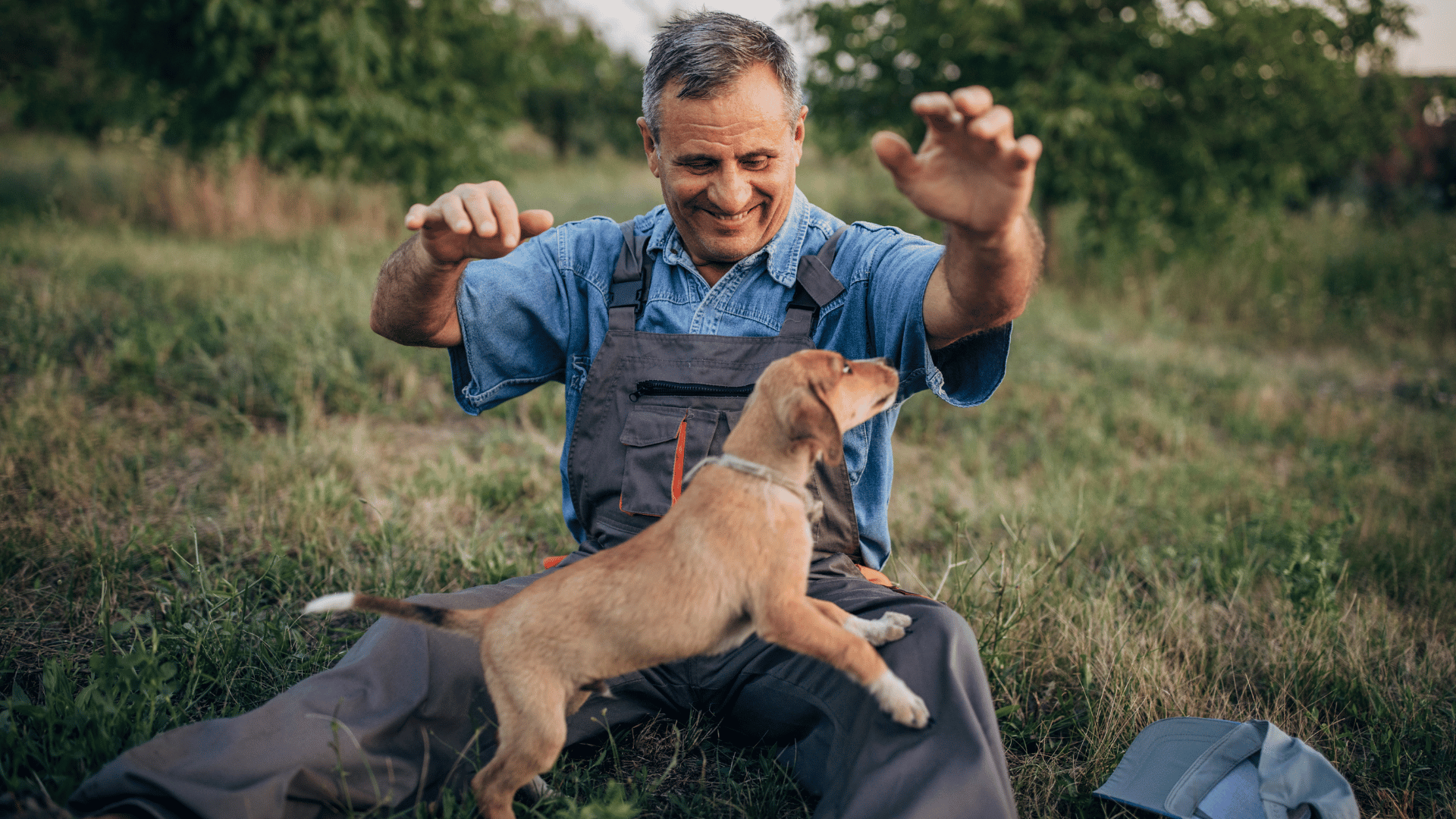 Man playing with a puppy