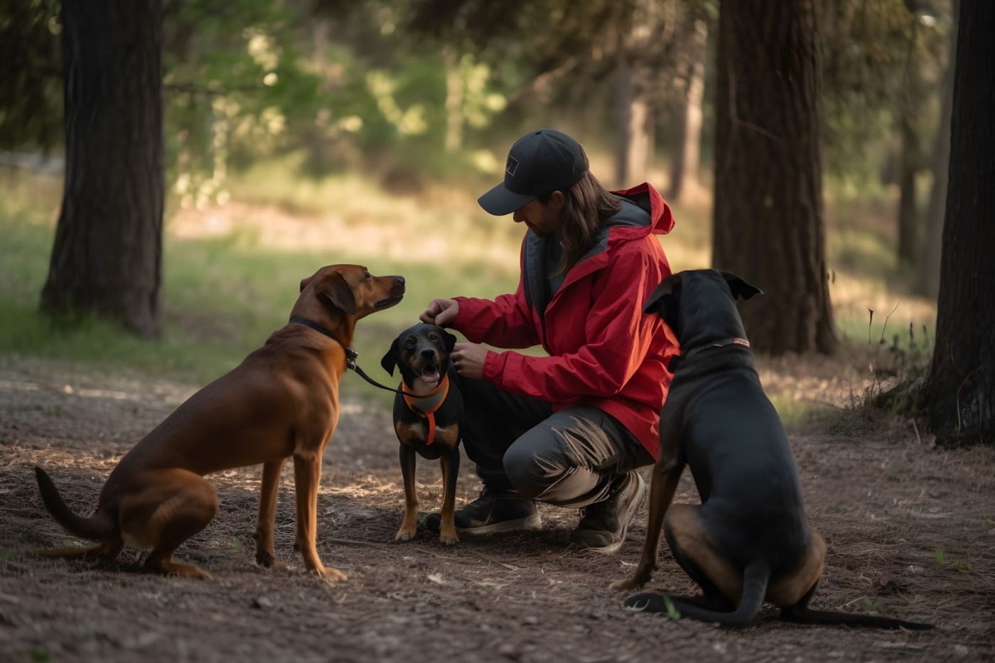 owner and three dogs camping